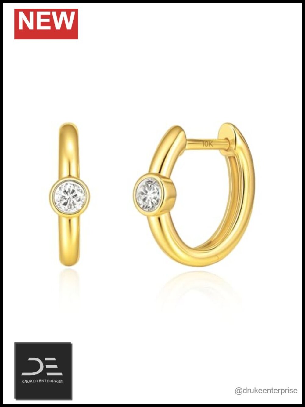 10K Gold Huggie Hoop Earrings Lab Grown Diamond Bezel Set 15.5MM Hypoallergenic